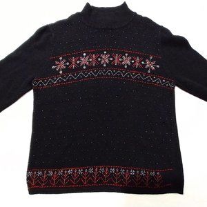 Sag Harbor Sport Sweater Size Medium Black With Red Snow Flakes #1257